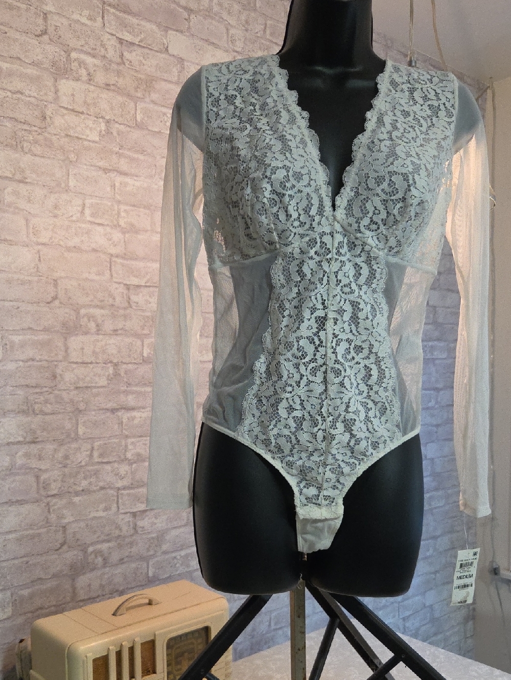 INC International Concepts Washed White Lace Long-Sleeve Sheer Bodysuit